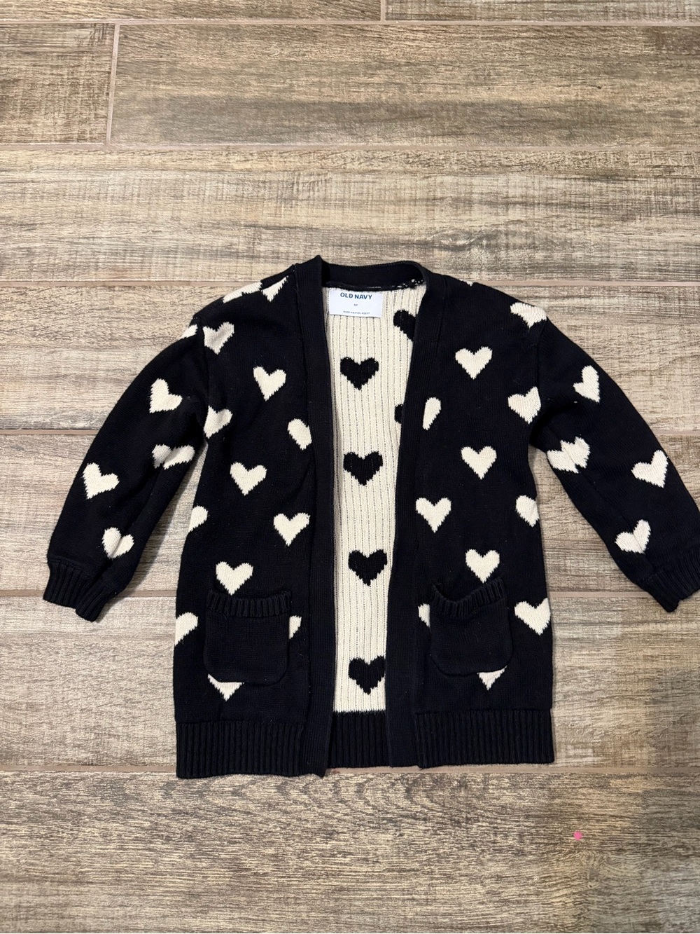 Old Navy Black Cardigan with White Heart Pattern